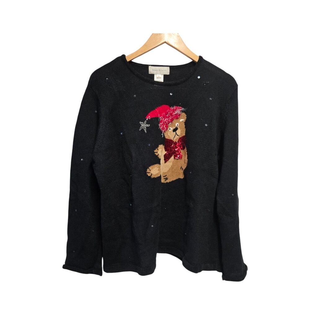 Vintage SUSAN BRISTOL Sweater‎ Christmas Teddy Bear Black Size XL